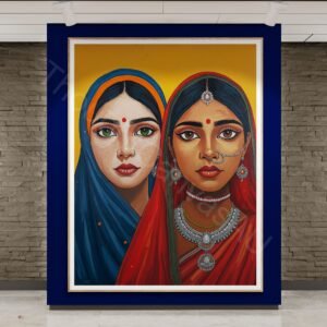 Modern Ethnic Folk Art: Two Women in Traditional Indian Attire, Intricate Silver Jewelry Poster, Bold Mustard & Jewel Tone Wall Decor