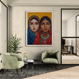 Stylized digital painting of two Indian women with rich brown skin tones against a solid mustard yellow background. They are wearing vibrant blue and red headscarves with traditional silver jewelry, nose rings, and red bindis, rendered in a bold folk-art style.