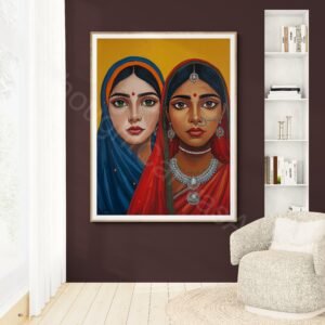 Stylized digital painting of two Indian women with rich brown skin tones against a solid mustard yellow background. They are wearing vibrant blue and red headscarves with traditional silver jewelry, nose rings, and red bindis, rendered in a bold folk-art style.