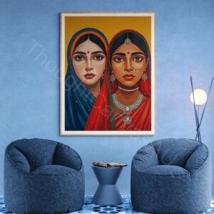 Stylized digital painting of two Indian women with rich brown skin tones against a solid mustard yellow background. They are wearing vibrant blue and red headscarves with traditional silver jewelry, nose rings, and red bindis, rendered in a bold folk-art style.
