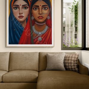 Stylized digital painting of two Indian women with rich brown skin tones against a solid mustard yellow background. They are wearing vibrant blue and red headscarves with traditional silver jewelry, nose rings, and red bindis, rendered in a bold folk-art style.