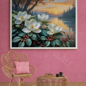Detailed painting of large white magnolia flowers with yellow centers and red berries in the foreground. A serene sunset over a lake and dark mountain silhouettes are reflected in the calm water, creating a warm orange and pink sky.