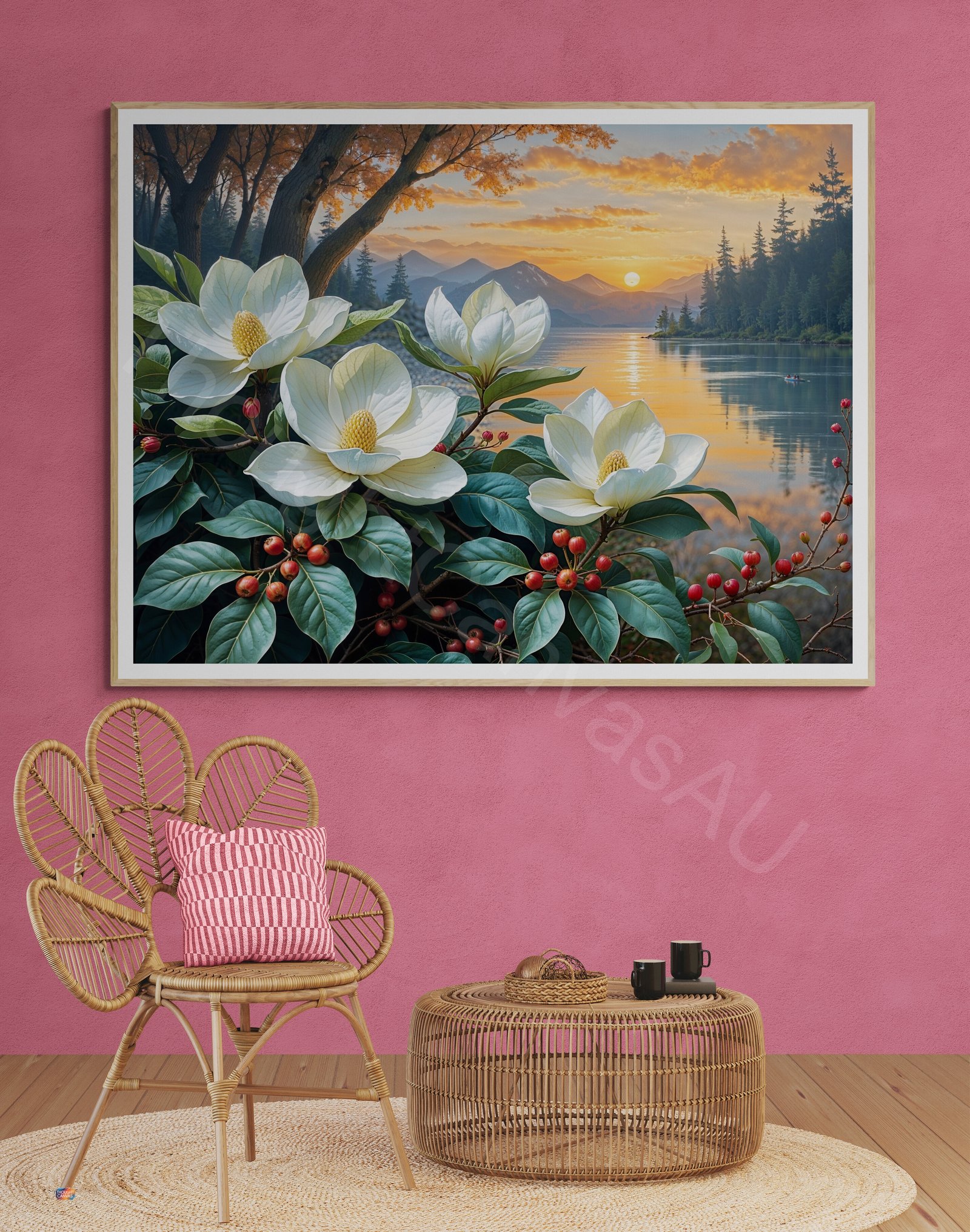 Detailed painting of large white magnolia flowers with yellow centers and red berries in the foreground. A serene sunset over a lake and dark mountain silhouettes are reflected in the calm water, creating a warm orange and pink sky.