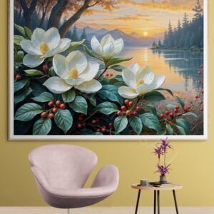Detailed painting of large white magnolia flowers with yellow centers and red berries in the foreground. A serene sunset over a lake and dark mountain silhouettes are reflected in the calm water, creating a warm orange and pink sky.