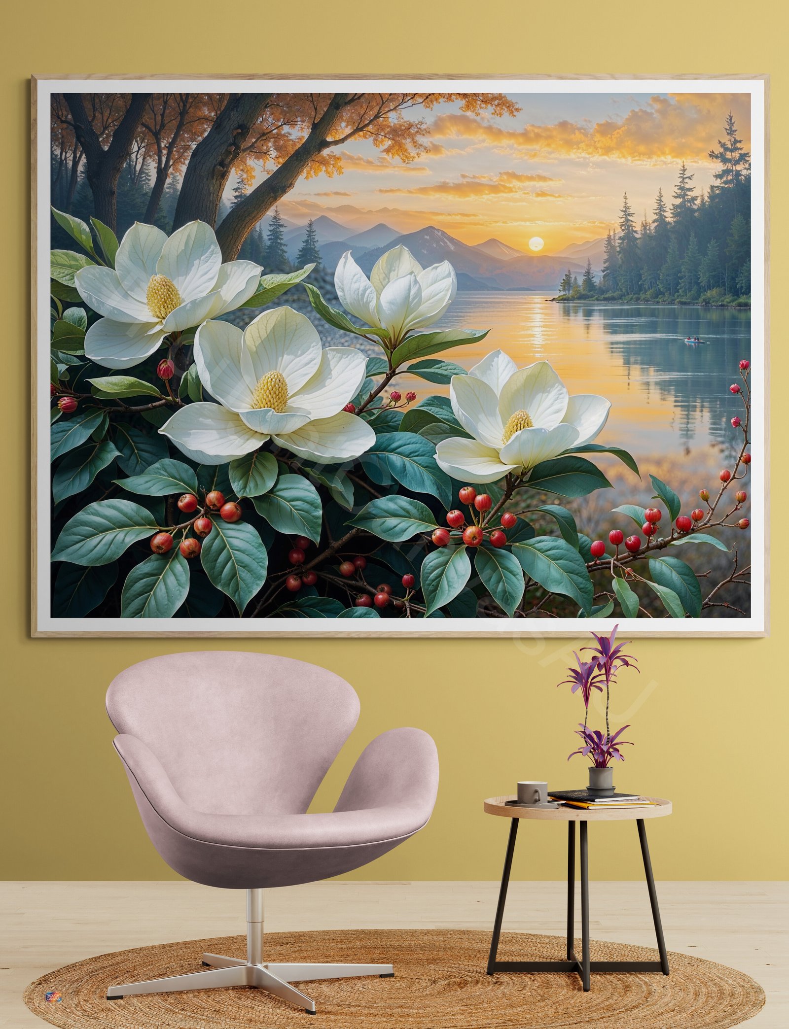 Detailed painting of large white magnolia flowers with yellow centers and red berries in the foreground. A serene sunset over a lake and dark mountain silhouettes are reflected in the calm water, creating a warm orange and pink sky.