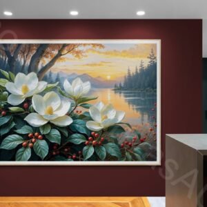 Detailed painting of large white magnolia flowers with yellow centers and red berries in the foreground. A serene sunset over a lake and dark mountain silhouettes are reflected in the calm water, creating a warm orange and pink sky.