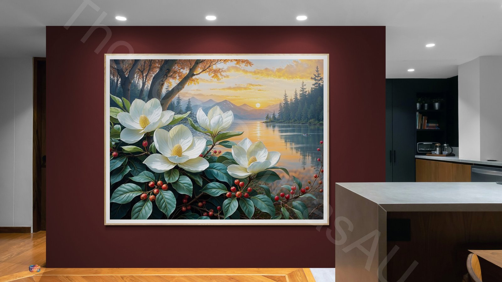 Detailed painting of large white magnolia flowers with yellow centers and red berries in the foreground. A serene sunset over a lake and dark mountain silhouettes are reflected in the calm water, creating a warm orange and pink sky.