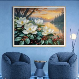 Detailed painting of large white magnolia flowers with yellow centers and red berries in the foreground. A serene sunset over a lake and dark mountain silhouettes are reflected in the calm water, creating a warm orange and pink sky.