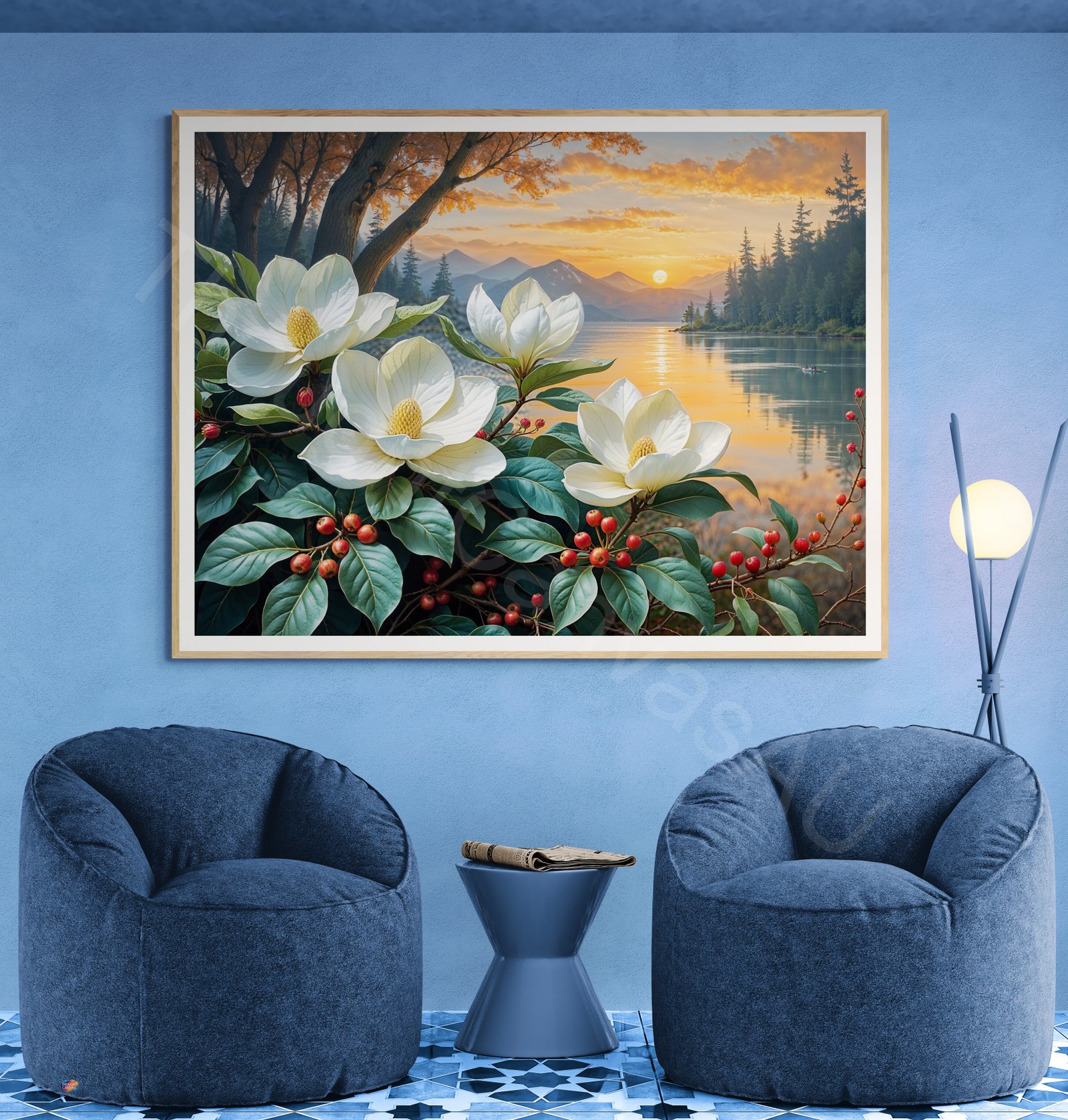 Detailed painting of large white magnolia flowers with yellow centers and red berries in the foreground. A serene sunset over a lake and dark mountain silhouettes are reflected in the calm water, creating a warm orange and pink sky.