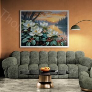 Detailed painting of large white magnolia flowers with yellow centers and red berries in the foreground. A serene sunset over a lake and dark mountain silhouettes are reflected in the calm water, creating a warm orange and pink sky.