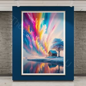 Surreal rainbow sky over a winter cabin and frozen tree. Vibrant abstract landscape art with colorful water reflections and a dramatic, dreamlike atmosphere.