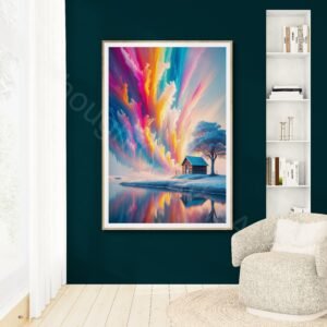 Surreal rainbow sky over a winter cabin and frozen tree. Vibrant abstract landscape art with colorful water reflections and a dramatic, dreamlike atmosphere.