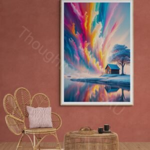 Surreal rainbow sky over a winter cabin and frozen tree. Vibrant abstract landscape art with colorful water reflections and a dramatic, dreamlike atmosphere.