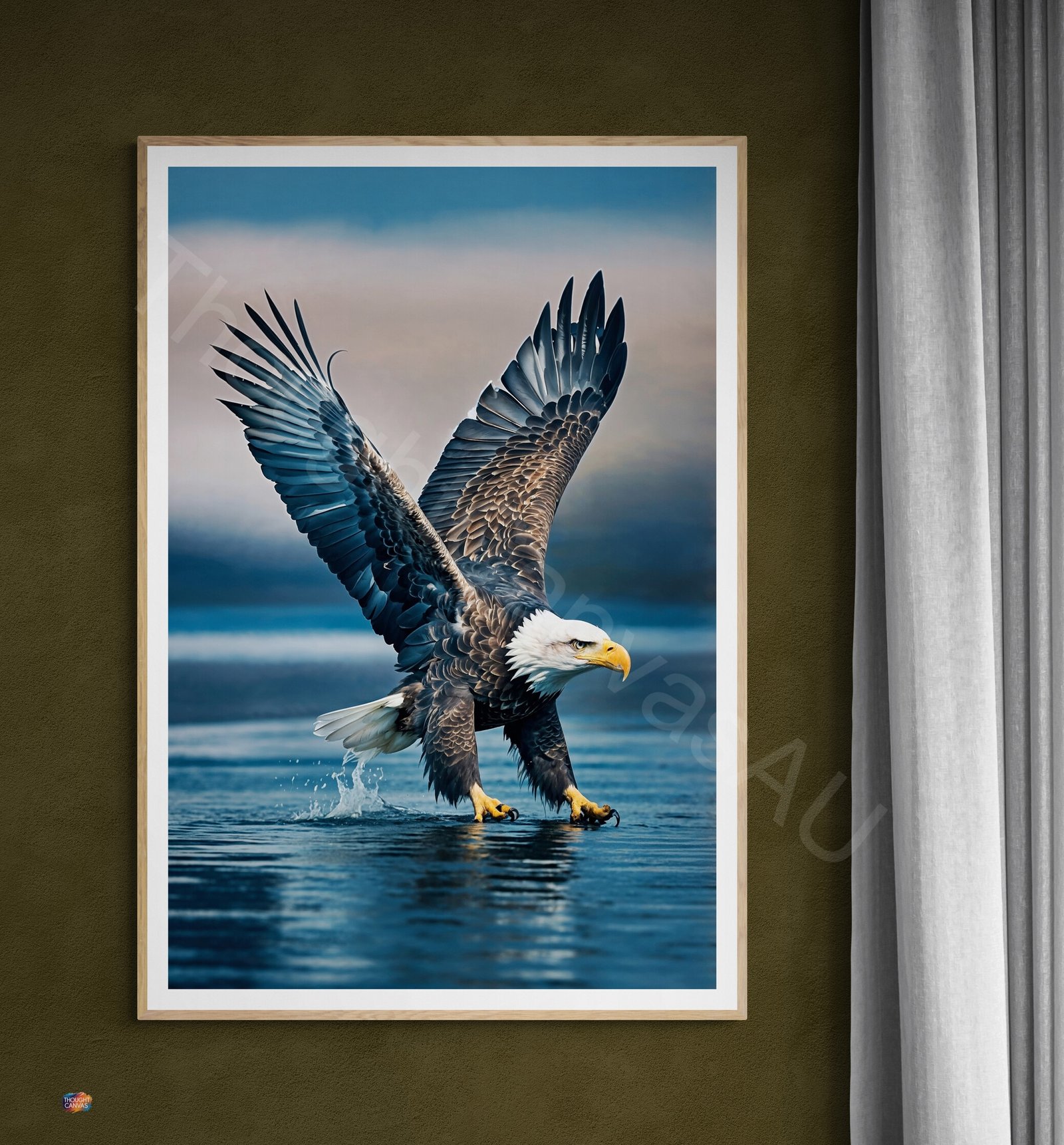 High-resolution photograph of a majestic bald eagle in flight with wings fully extended against a blurred blue background. Detailed view of the white head, dark brown feathers, and sharp yellow beak in dynamic mid-air motion.