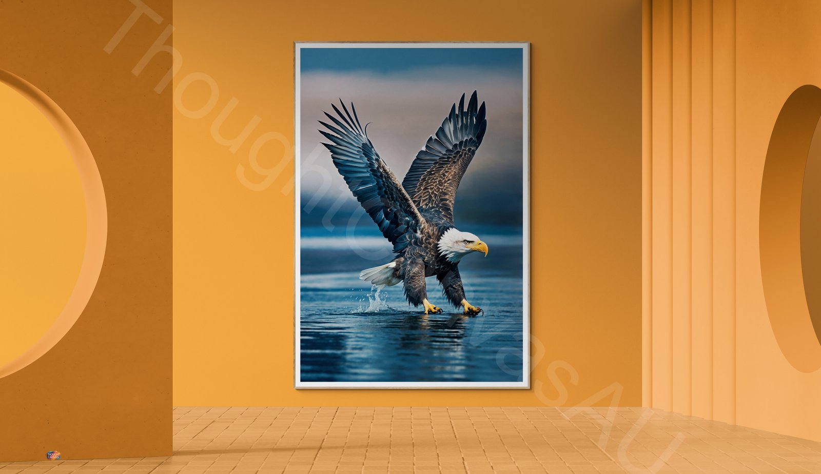 High-resolution photograph of a majestic bald eagle in flight with wings fully extended against a blurred blue background. Detailed view of the white head, dark brown feathers, and sharp yellow beak in dynamic mid-air motion.