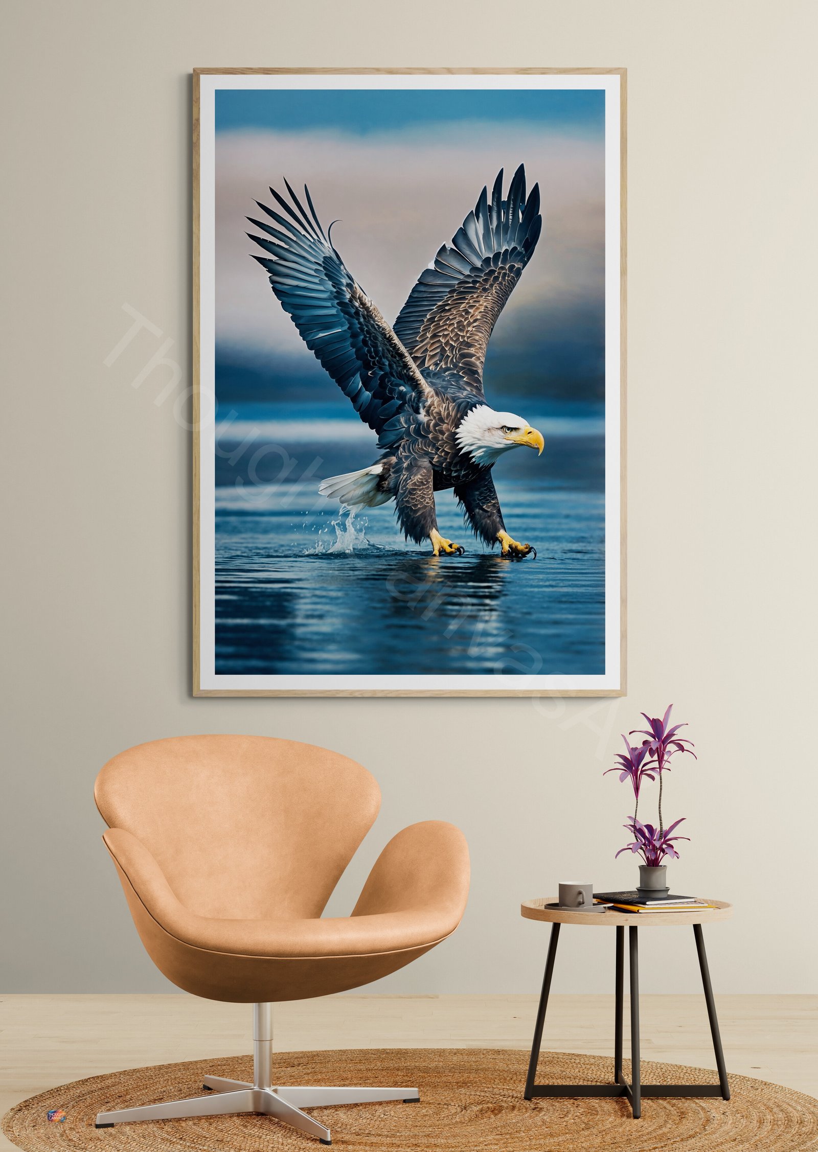 High-resolution photograph of a majestic bald eagle in flight with wings fully extended against a blurred blue background. Detailed view of the white head, dark brown feathers, and sharp yellow beak in dynamic mid-air motion.