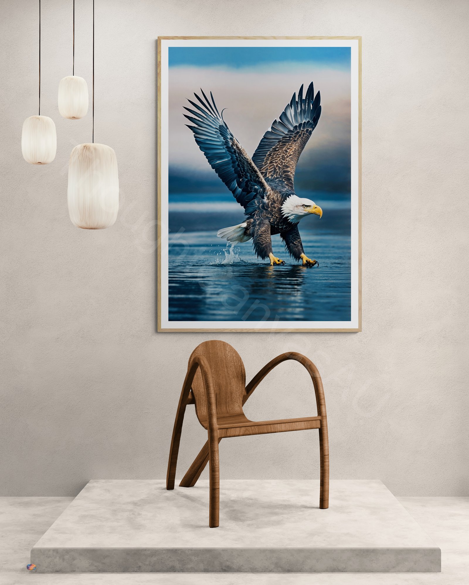 High-resolution photograph of a majestic bald eagle in flight with wings fully extended against a blurred blue background. Detailed view of the white head, dark brown feathers, and sharp yellow beak in dynamic mid-air motion.
