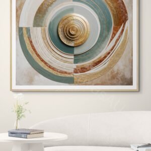 Modern abstract digital art with metallic gold and muted green concentric circles forming a sun. The right side features flowing wavy lines in rust, cream, and beige on a textured earthy background with a small gold circle for balance.