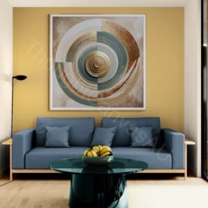 Modern abstract digital art with metallic gold and muted green concentric circles forming a sun. The right side features flowing wavy lines in rust, cream, and beige on a textured earthy background with a small gold circle for balance.