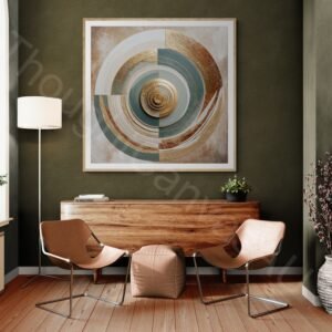 Modern abstract digital art with metallic gold and muted green concentric circles forming a sun. The right side features flowing wavy lines in rust, cream, and beige on a textured earthy background with a small gold circle for balance.