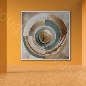 Modern abstract digital art with metallic gold and muted green concentric circles forming a sun. The right side features flowing wavy lines in rust, cream, and beige on a textured earthy background with a small gold circle for balance.