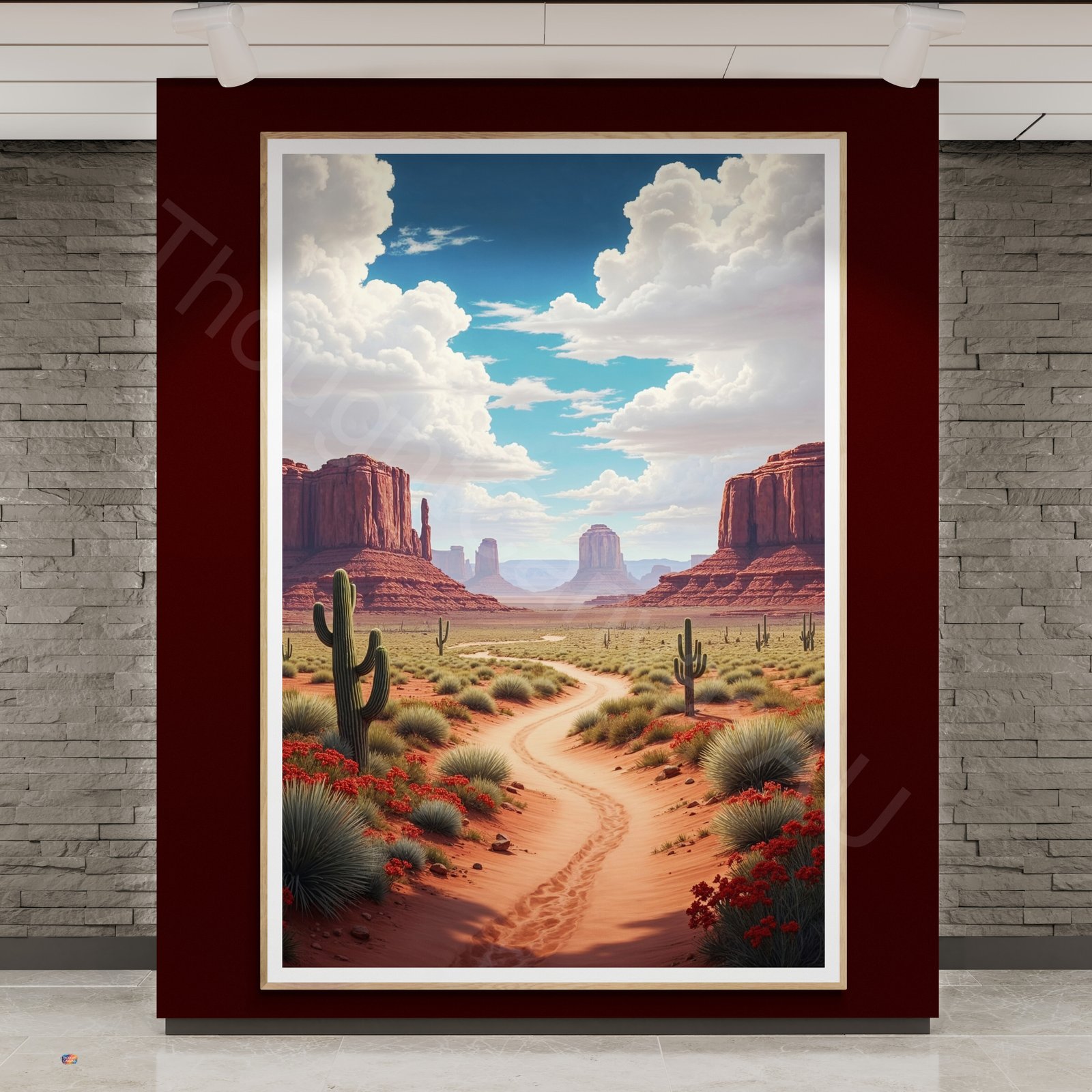 Digital painting of a vast Southwest desert landscape with a winding sandy path leading toward iconic red rock mesas. The foreground features green cacti and red flowers under a dramatic sky with large billowing clouds in warm, soft lighting.