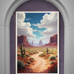 Digital painting of a vast Southwest desert landscape with a winding sandy path leading toward iconic red rock mesas. The foreground features green cacti and red flowers under a dramatic sky with large billowing clouds in warm, soft lighting.