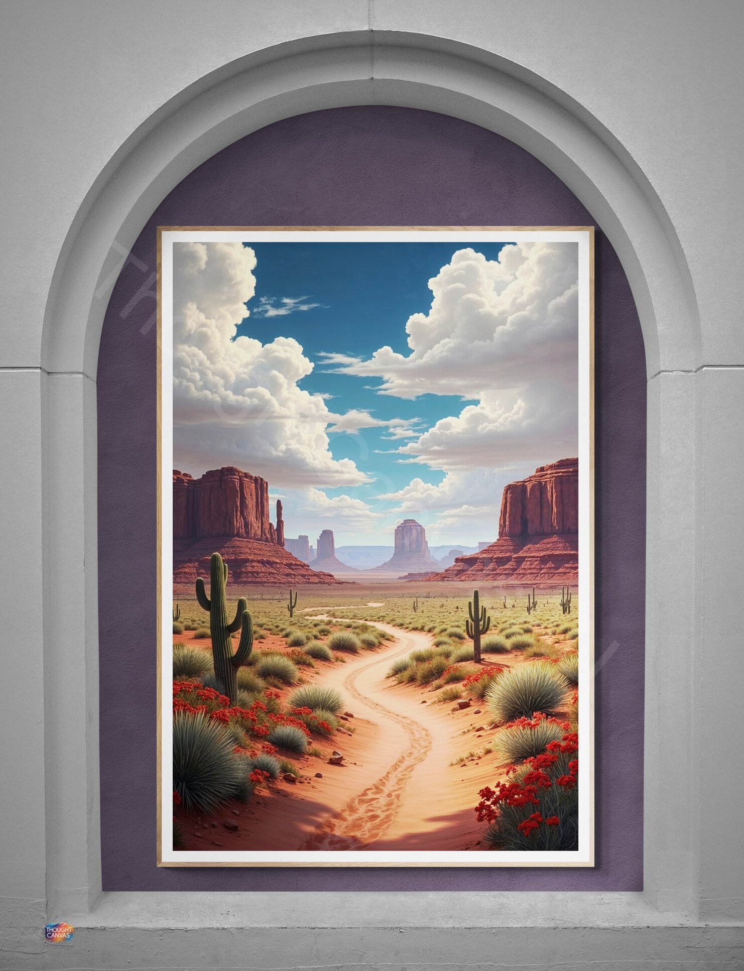 Digital painting of a vast Southwest desert landscape with a winding sandy path leading toward iconic red rock mesas. The foreground features green cacti and red flowers under a dramatic sky with large billowing clouds in warm, soft lighting.