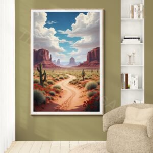 Digital painting of a vast Southwest desert landscape with a winding sandy path leading toward iconic red rock mesas. The foreground features green cacti and red flowers under a dramatic sky with large billowing clouds in warm, soft lighting.