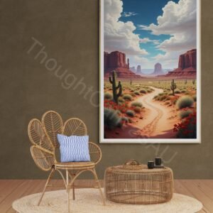 Digital painting of a vast Southwest desert landscape with a winding sandy path leading toward iconic red rock mesas. The foreground features green cacti and red flowers under a dramatic sky with large billowing clouds in warm, soft lighting.