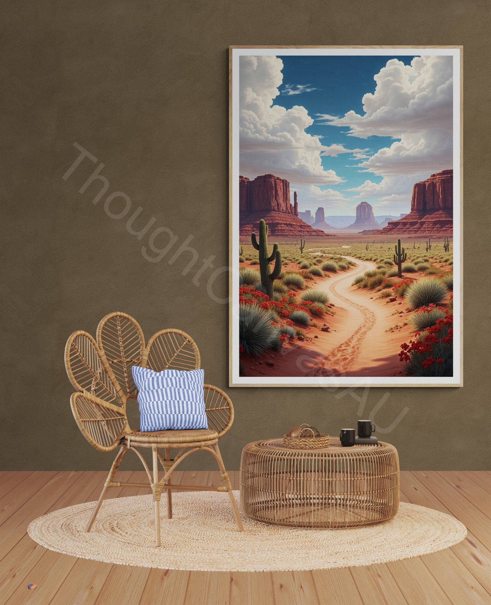 Digital painting of a vast Southwest desert landscape with a winding sandy path leading toward iconic red rock mesas. The foreground features green cacti and red flowers under a dramatic sky with large billowing clouds in warm, soft lighting.