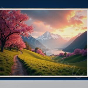 Vibrant Sunrise Meadow Wall Art: Majestic Mountains and Blooming Cherry Trees, Peaceful Lake Reflection Painting, Romantic Landscape Poster
