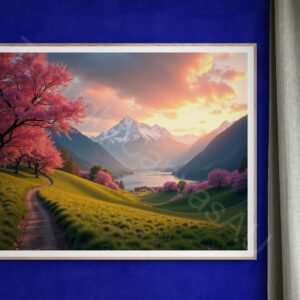 Vibrant landscape photograph of a green valley at sunrise with pink cherry blossom trees in the foreground. A serene lake reflects the orange and purple sky, with majestic snow-capped mountains in the background and warm golden lighting.