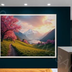 Vibrant landscape photograph of a green valley at sunrise with pink cherry blossom trees in the foreground. A serene lake reflects the orange and purple sky, with majestic snow-capped mountains in the background and warm golden lighting.