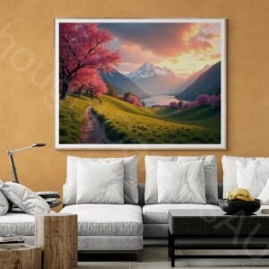 Vibrant landscape photograph of a green valley at sunrise with pink cherry blossom trees in the foreground. A serene lake reflects the orange and purple sky, with majestic snow-capped mountains in the background and warm golden lighting.