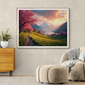 Vibrant landscape photograph of a green valley at sunrise with pink cherry blossom trees in the foreground. A serene lake reflects the orange and purple sky, with majestic snow-capped mountains in the background and warm golden lighting.