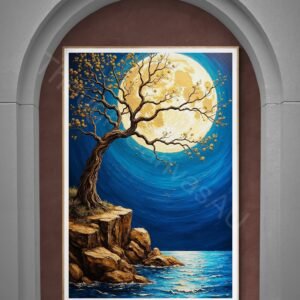 Whimsical Night Sky Wall Art: Tree under Luminous Moon, Swirling Impressionist Landscape, Bold Textured Digital Painting