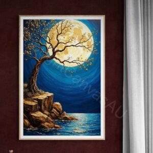 Impressionistic digital painting of a large, textured gold full moon in a deep blue night sky. A gnarled tree with golden leaves reaches toward the moon over rocky terrain and water reflecting the golden moonlight with swirling brushstrokes.