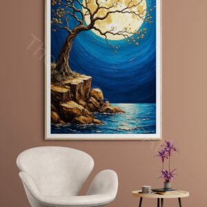 Impressionistic digital painting of a large, textured gold full moon in a deep blue night sky. A gnarled tree with golden leaves reaches toward the moon over rocky terrain and water reflecting the golden moonlight with swirling brushstrokes.