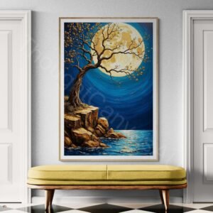 Impressionistic digital painting of a large, textured gold full moon in a deep blue night sky. A gnarled tree with golden leaves reaches toward the moon over rocky terrain and water reflecting the golden moonlight with swirling brushstrokes.