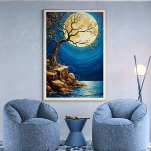 Impressionistic digital painting of a large, textured gold full moon in a deep blue night sky. A gnarled tree with golden leaves reaches toward the moon over rocky terrain and water reflecting the golden moonlight with swirling brushstrokes.
