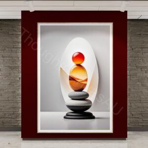 Minimalist digital art featuring a vertical stack of smooth black, white, and orange stones. A red-orange gradient sun with translucent wavy lines is in the background next to a single orange sphere on a light gray surface.