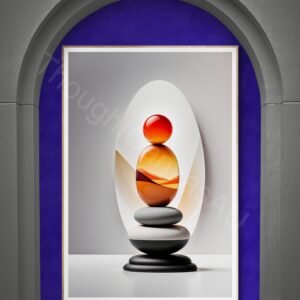 Minimalist digital art featuring a vertical stack of smooth black, white, and orange stones. A red-orange gradient sun with translucent wavy lines is in the background next to a single orange sphere on a light gray surface.