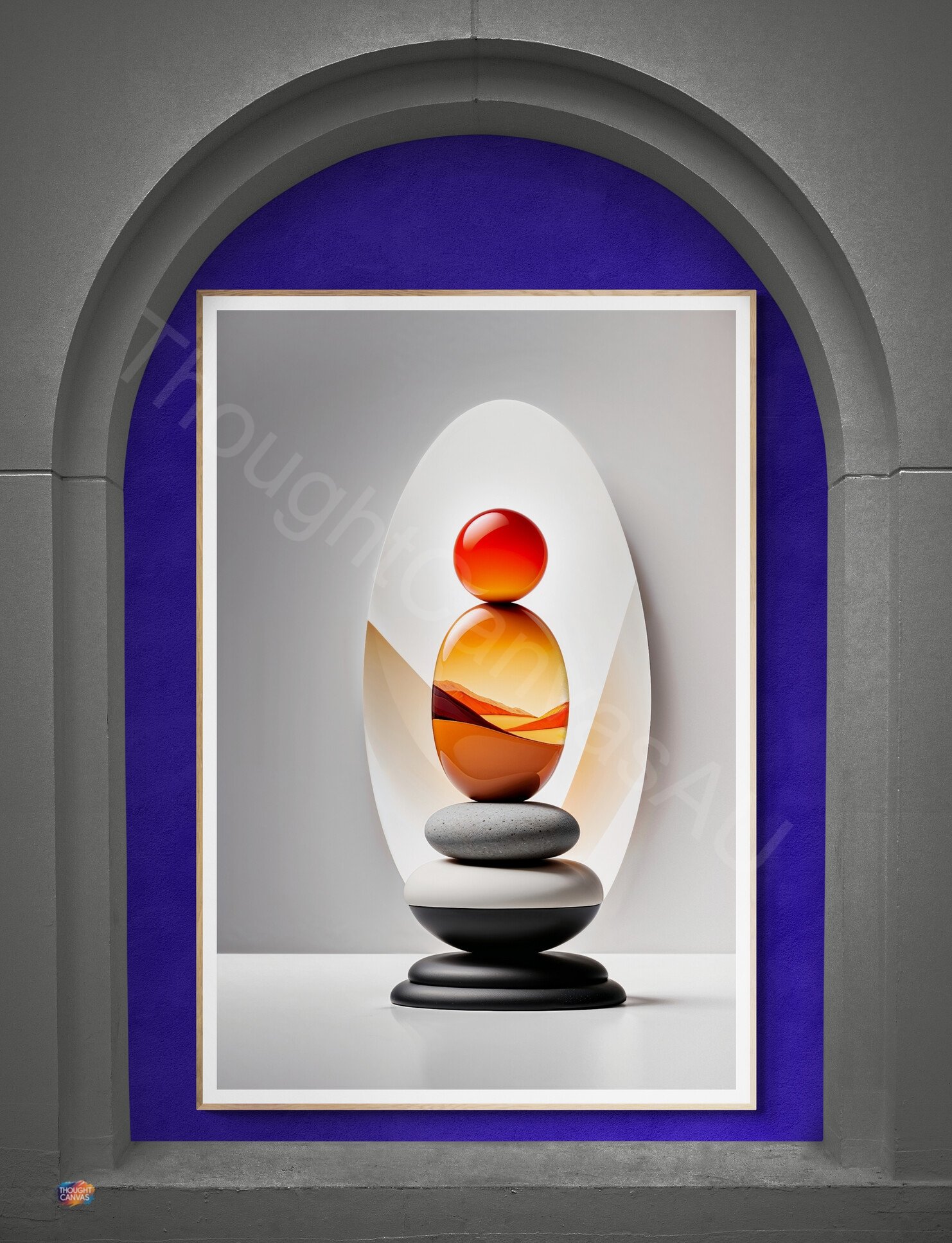Minimalist digital art featuring a vertical stack of smooth black, white, and orange stones. A red-orange gradient sun with translucent wavy lines is in the background next to a single orange sphere on a light gray surface.