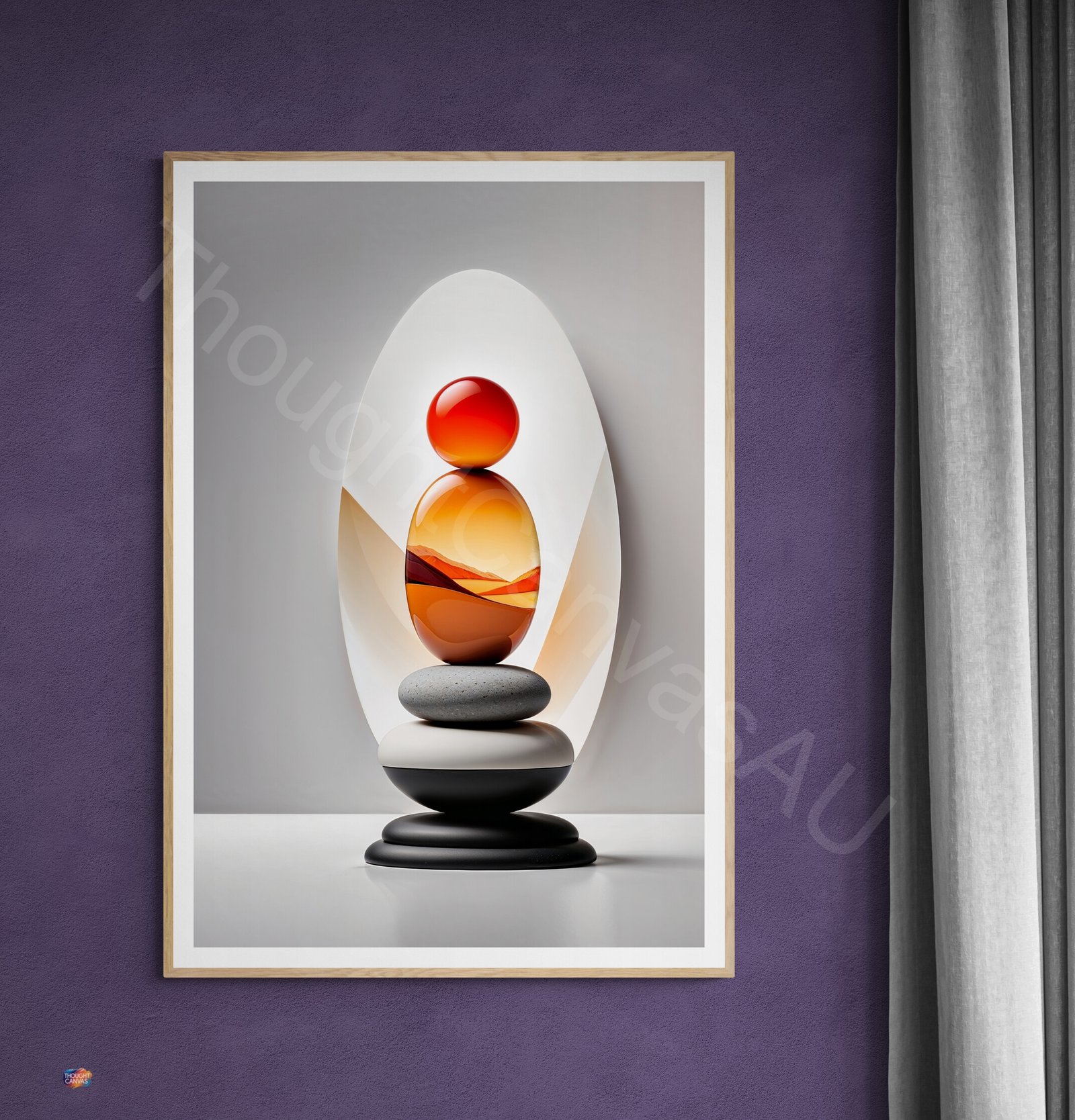 Minimalist digital art featuring a vertical stack of smooth black, white, and orange stones. A red-orange gradient sun with translucent wavy lines is in the background next to a single orange sphere on a light gray surface.
