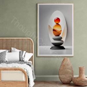 Minimalist digital art featuring a vertical stack of smooth black, white, and orange stones. A red-orange gradient sun with translucent wavy lines is in the background next to a single orange sphere on a light gray surface.