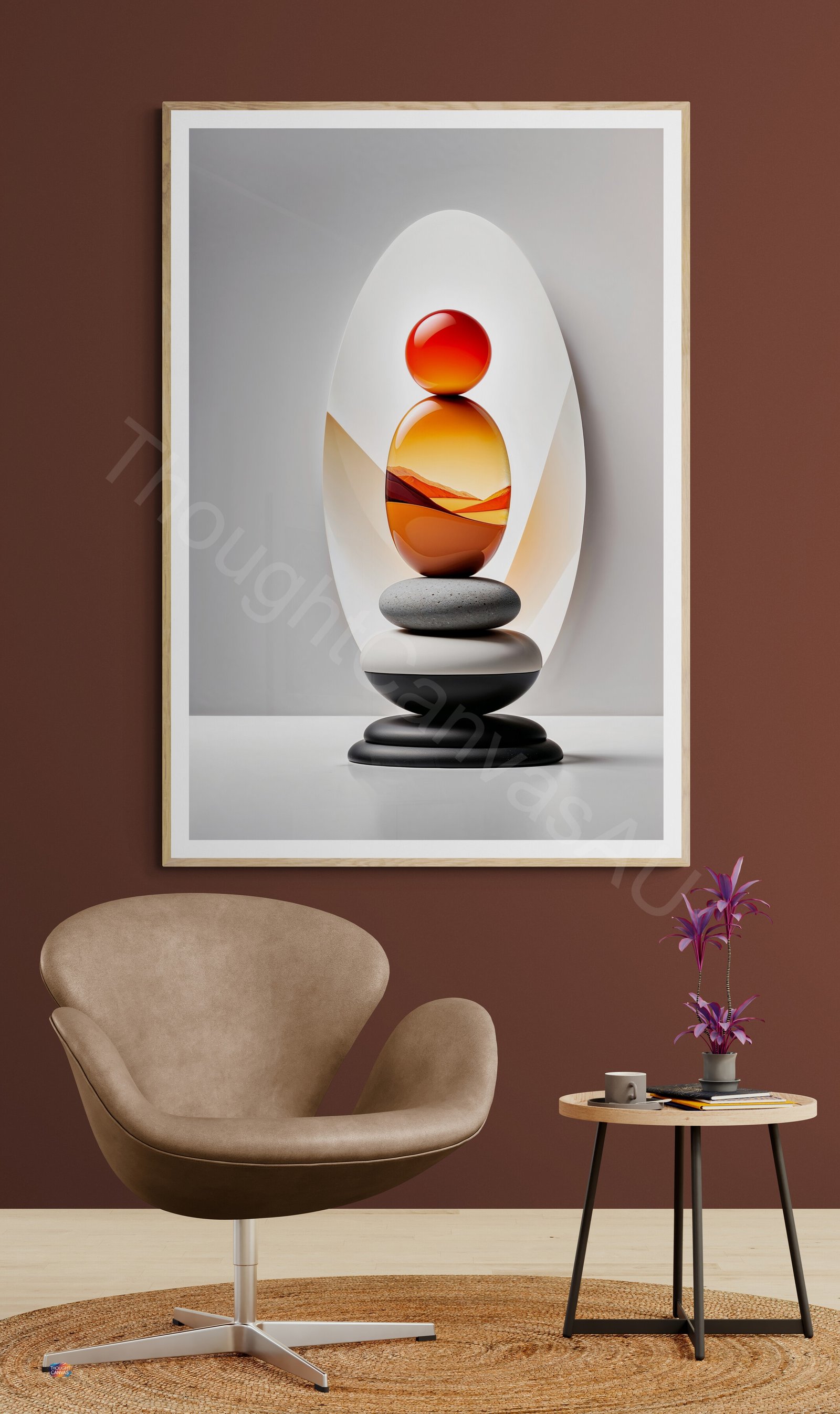 Minimalist digital art featuring a vertical stack of smooth black, white, and orange stones. A red-orange gradient sun with translucent wavy lines is in the background next to a single orange sphere on a light gray surface.