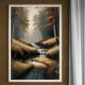 Vertical digital painting of a misty autumn forest with a narrow reflective stream. Tall slender trees with white bark and red and gold leaves are surrounded by tall grasses and wildflowers in a warm, earthy palette.