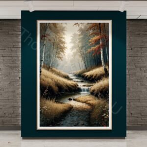 Vertical digital painting of a misty autumn forest with a narrow reflective stream. Tall slender trees with white bark and red and gold leaves are surrounded by tall grasses and wildflowers in a warm, earthy palette.