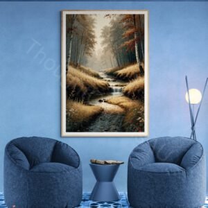 Vertical digital painting of a misty autumn forest with a narrow reflective stream. Tall slender trees with white bark and red and gold leaves are surrounded by tall grasses and wildflowers in a warm, earthy palette.